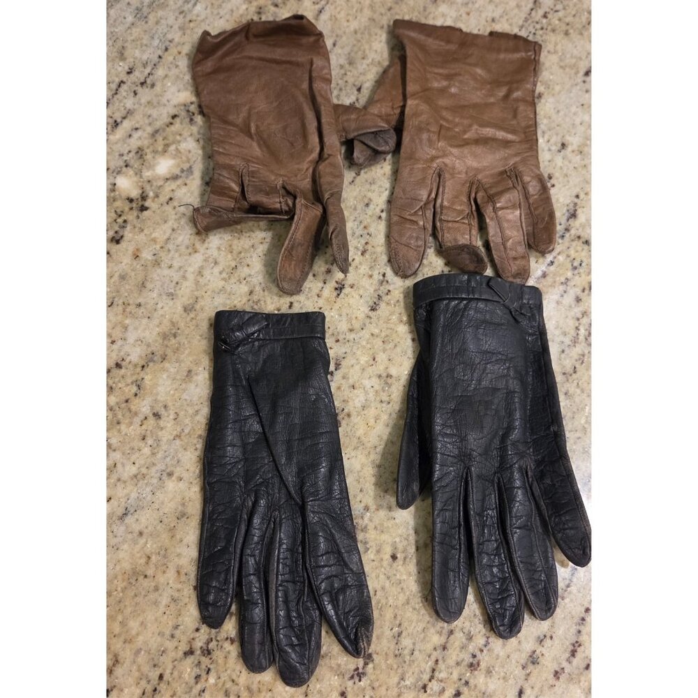 Lot of 2 Gloves Womens Size S 6.5 Leather Distressed Tan Black Costume Worn